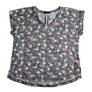Bobeau Women's Floral Knit Tee Top Size L Navy Yellow & Coral